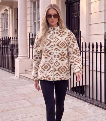 AX Paris Camel Aztec Pattern Sherpa Fleece Zip Up Jacket