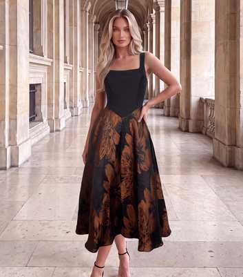 AX Paris Black Floral Jacquard Square Neck Circle Skirt Midi Dress