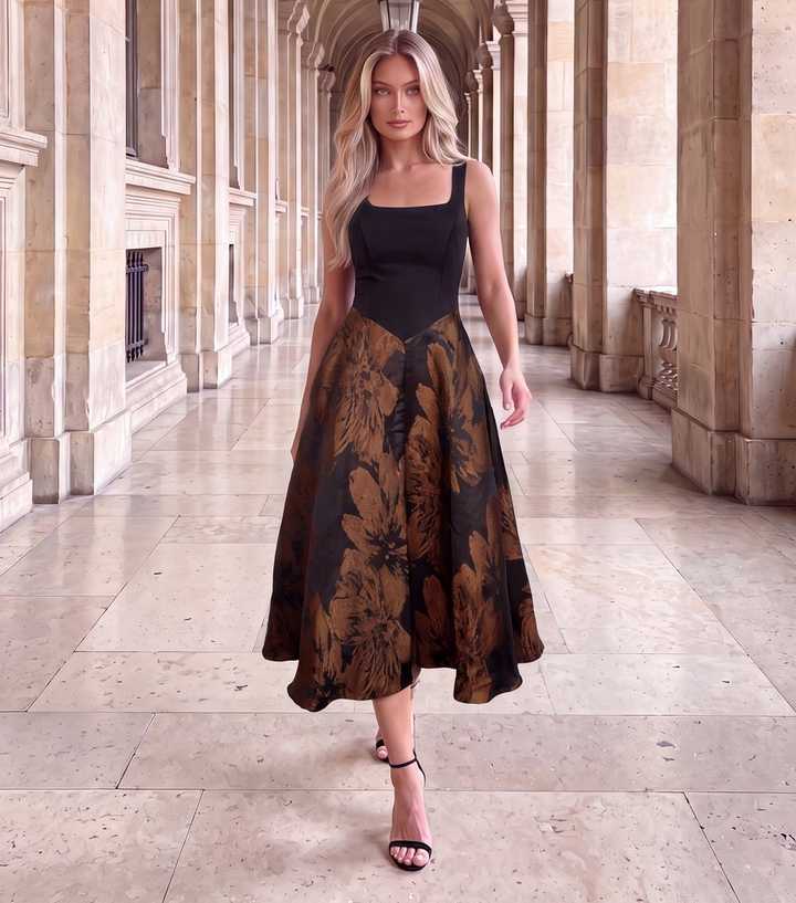AX Paris Black Floral Jacquard Square Neck Circle Skirt Midi Dress