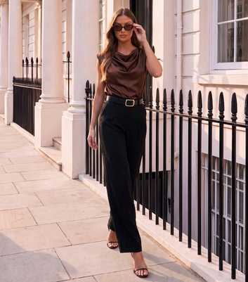AX Paris Dark Brown Satin Cowl Neck Wide Leg Jumpsuit