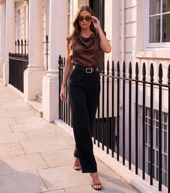AX Paris Dark Brown Satin Cowl Neck Wide Leg Jumpsuit