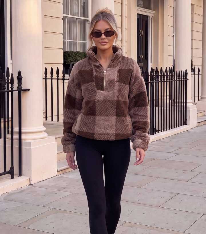 AX Paris Light Brown Check Quarter Zip Teddy Sweatshirt