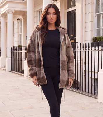 AX Paris Light Brown Checked Zip Pocket Hooded Teddy Jacket