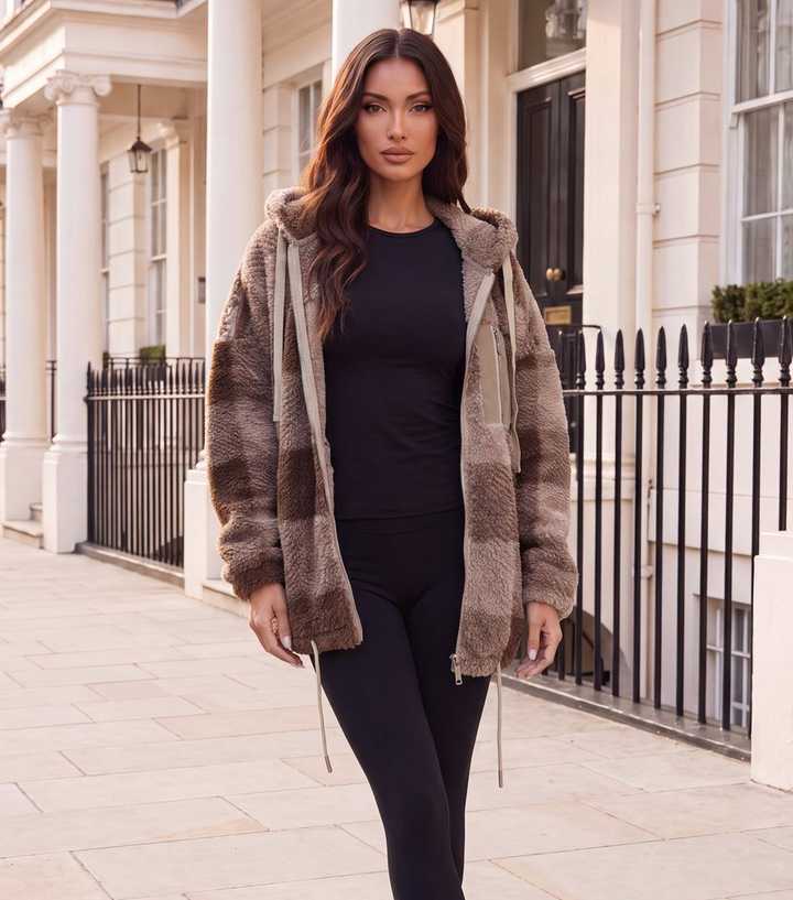 AX Paris Light Brown Checked Zip Pocket Hooded Teddy Jacket
