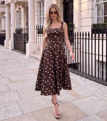 AX Paris Dark Brown Polka Dot Square Neck Midi Dress