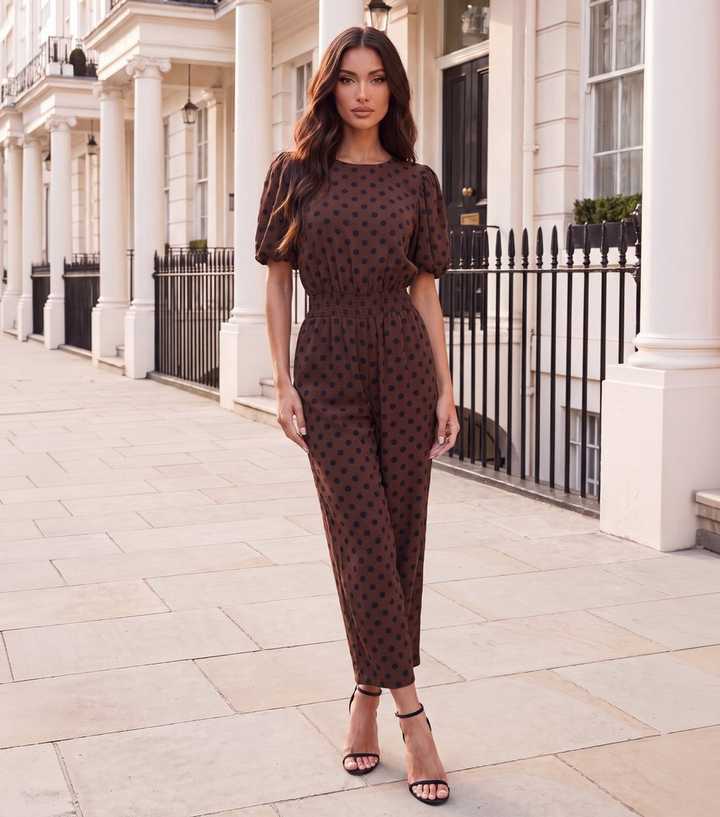AX Paris Dark Brown Polka Dot Puff Sleeve Straight Leg Jumpsuit