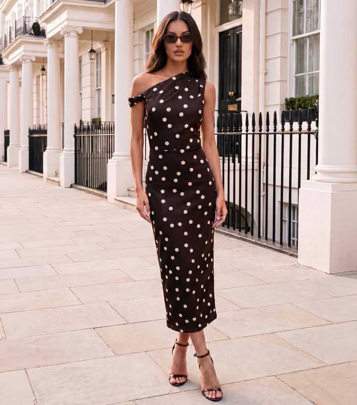 AX Paris Dark Brown Polka Dot Off the Shoulder Midi Dress