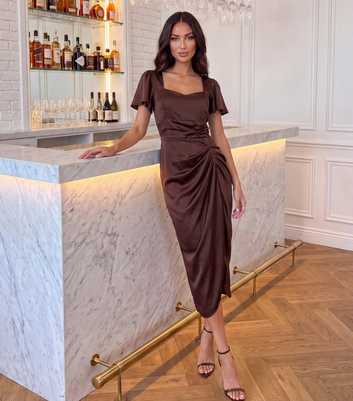 AX Paris Dark Brown Satin Ruched Midi Dress