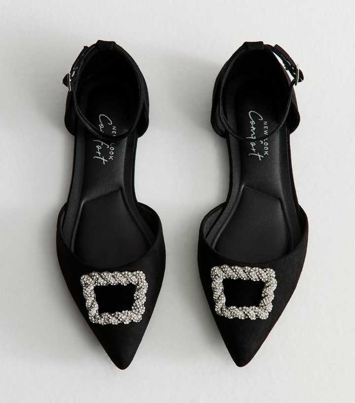 Wide Fit Black Faux Suede Embellished Sandals