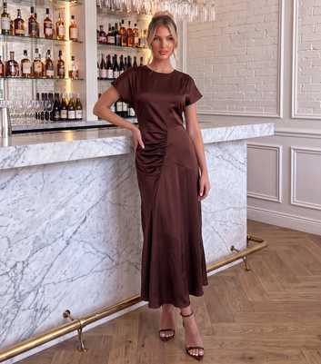 AX Paris Dark Brown Satin Ruched Side Midi Dress