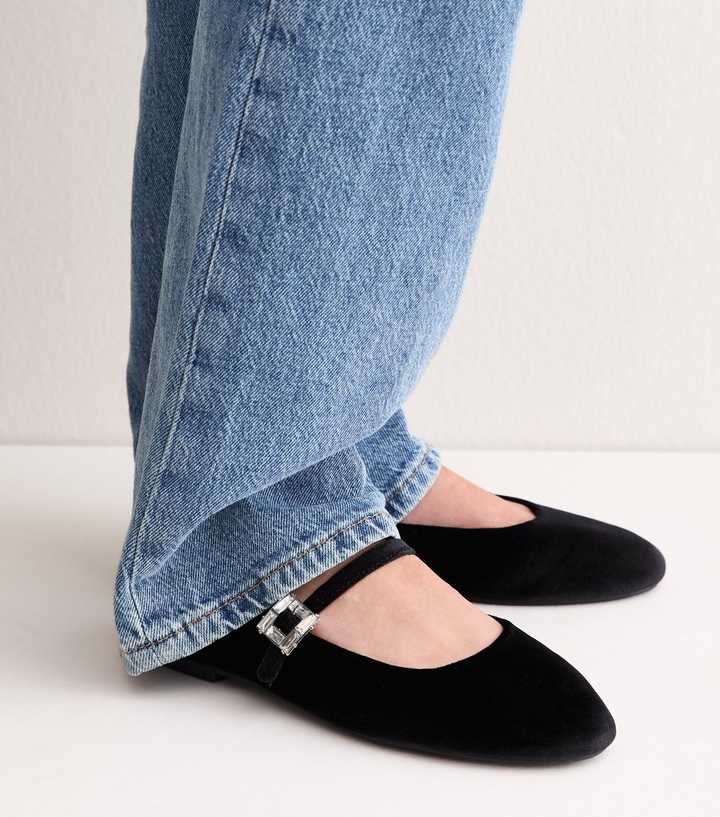 Black Velvet Bling Buckle Mary Jane Ballet Flats