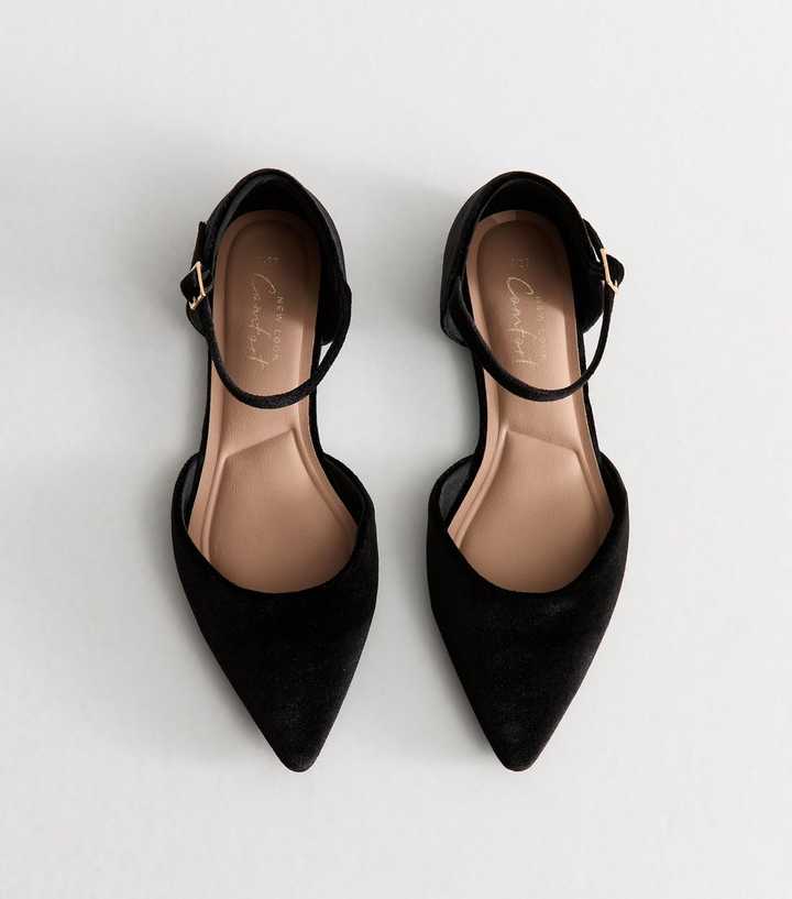 Black Velvet Pointed Toe Ankle Strap Flats