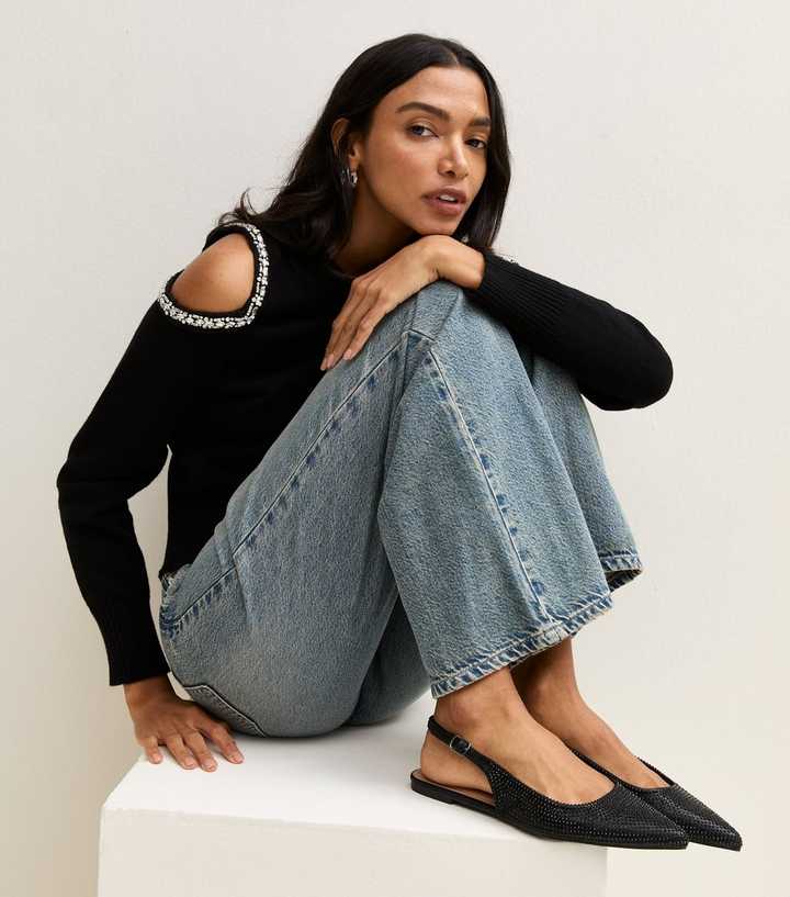 Black Embellished Slingback Flats