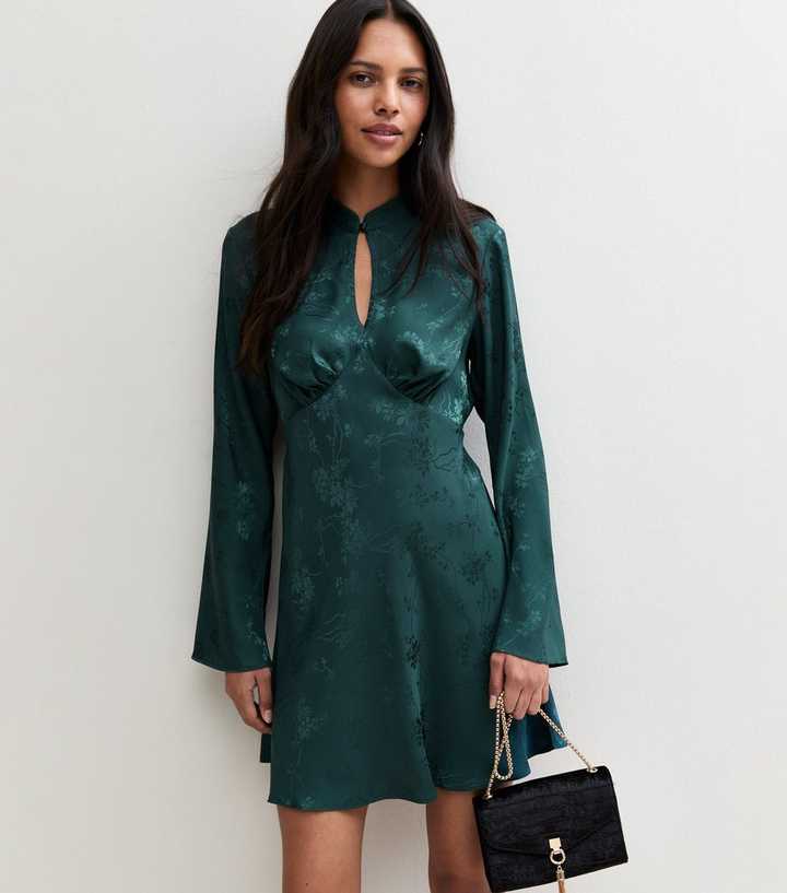 Teal Floral Satin Keyhole Long Sleeve Mini Dress