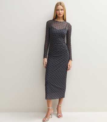 Grey Mesh Ruched Long Sleeve Midi Dress