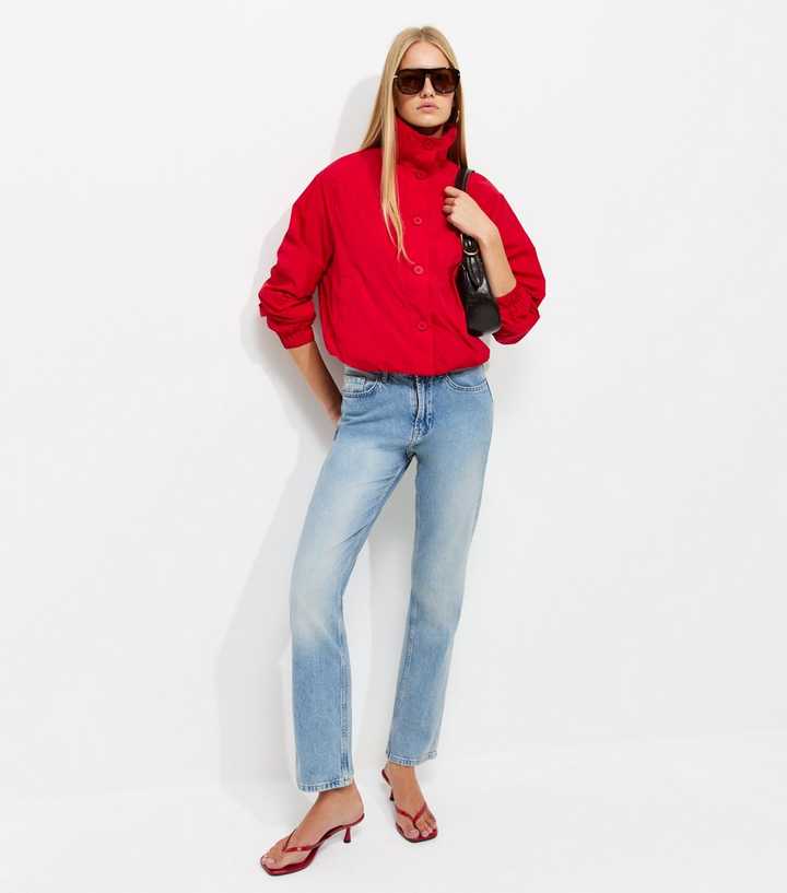 Bright Red Button Front Short Windbreaker Jacket