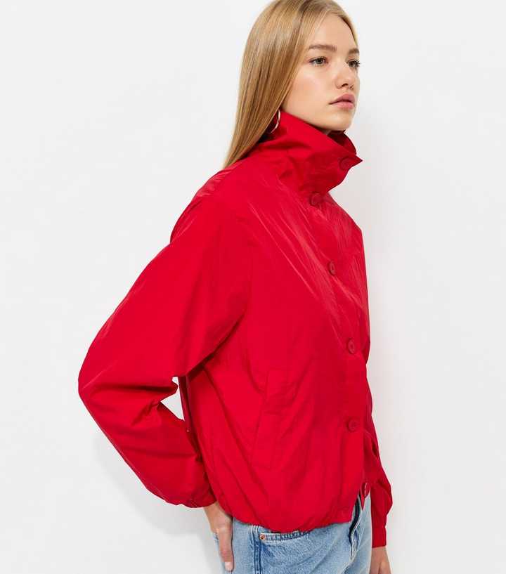 Bright Red Button Front Short Windbreaker Jacket