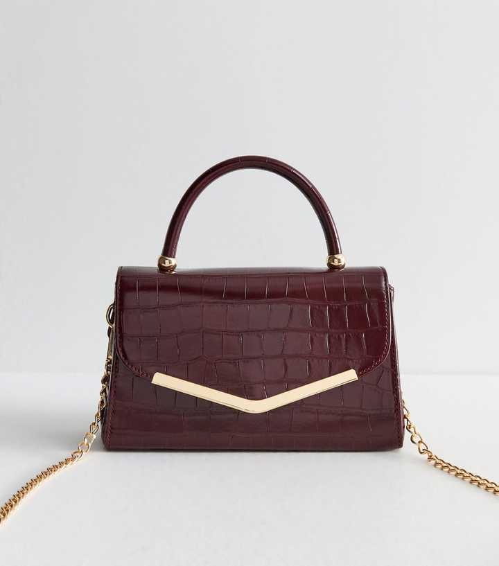 Dark Burgundy Faux Leather Crocodile Embossed Top Handle Bag
