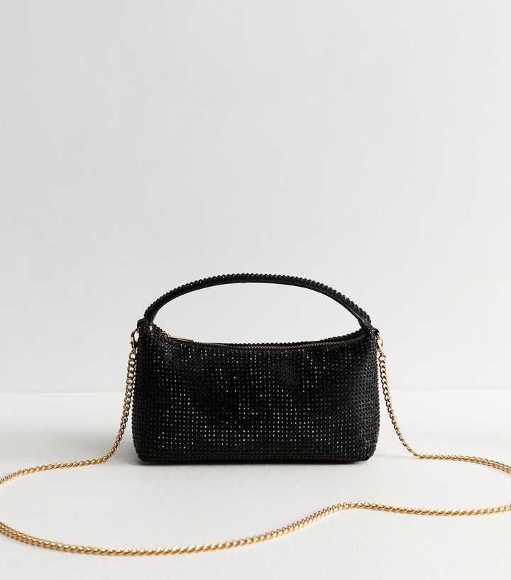 Black Gem Embellished Mini Grab Handle Clutch Bag