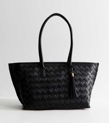Black Faux Leather Woven Tote Bag