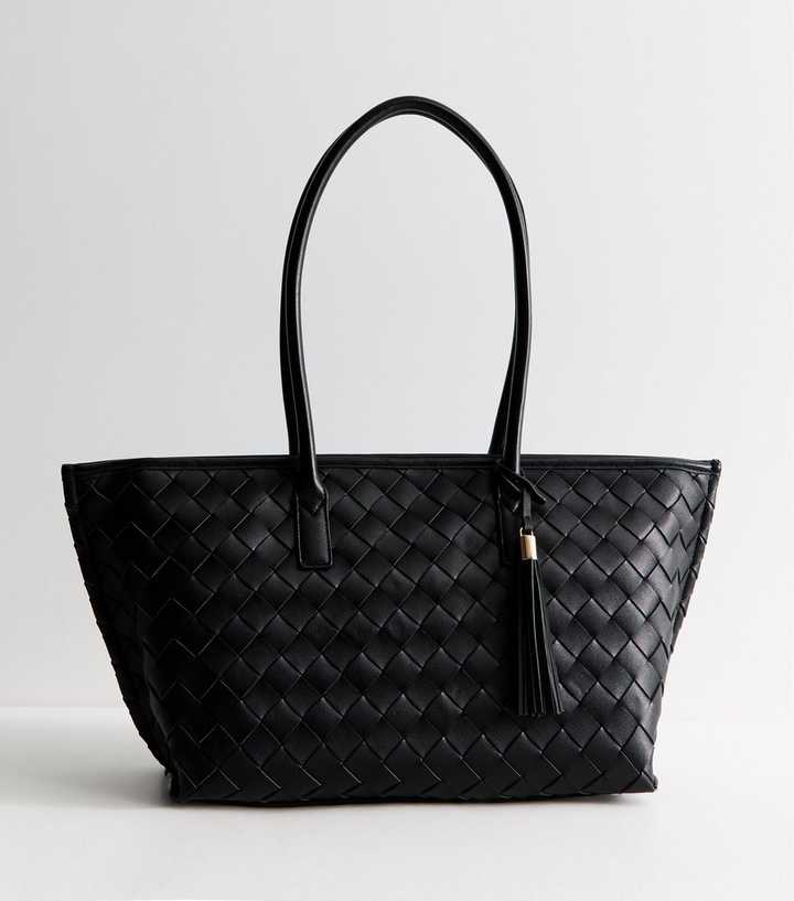 Black Faux Leather Woven Tote Bag