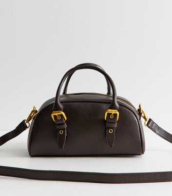 Dark Brown Faux Leather Mini Grab Handle Bowling Bag