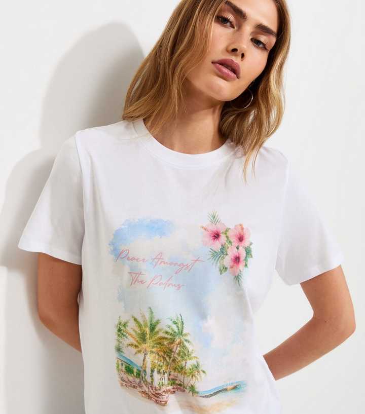 White Cotton Palm Tree Print Relaxed T-Shirt