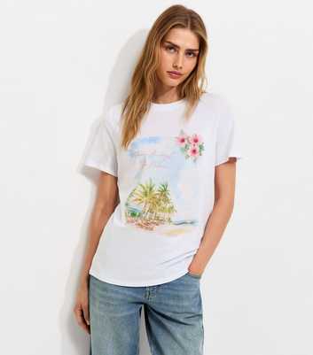 White Cotton Palm Tree Print Relaxed T-Shirt