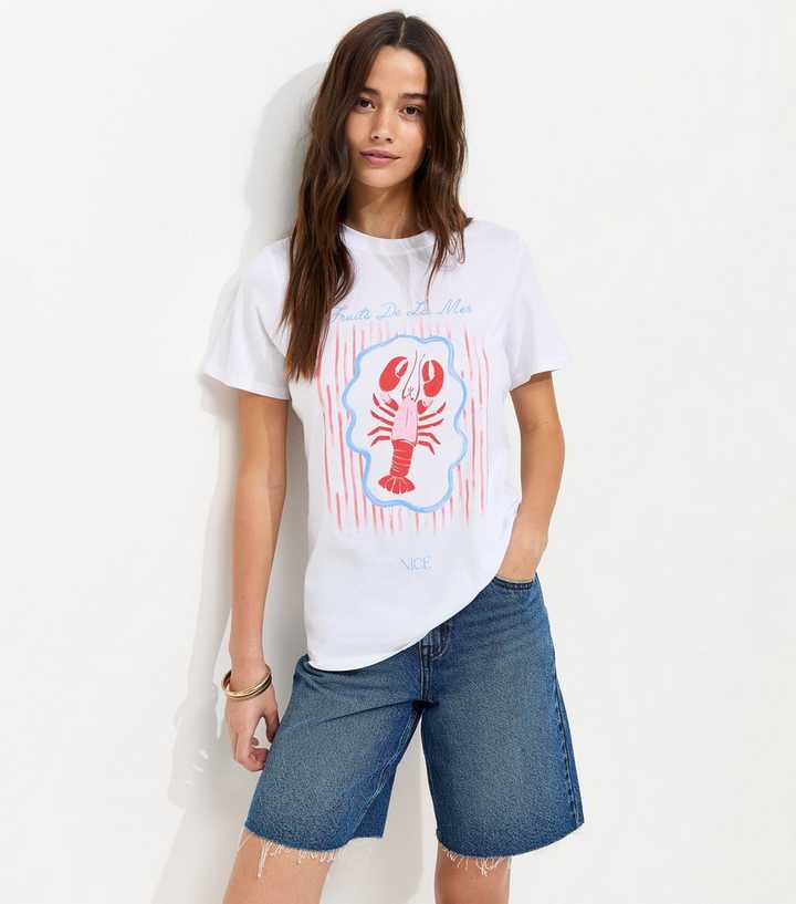 White Cotton Lobster Print Relaxed T-Shirt