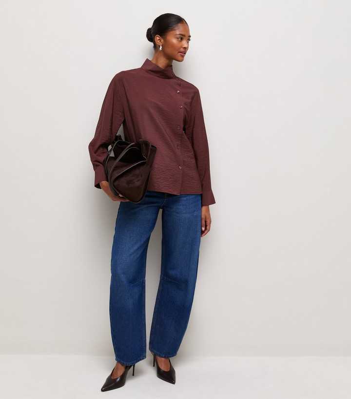 Dark Burgundy Funnel High Neck Long Sleeve Shirt