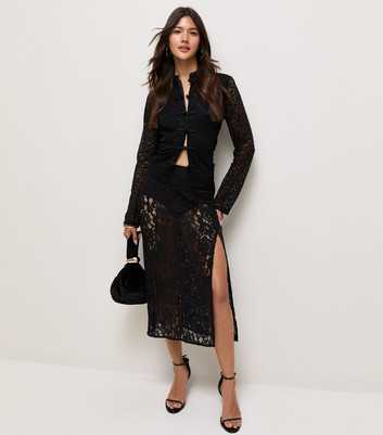 Black Semi Sheer Full Lace Bias Cut Midi Skirt