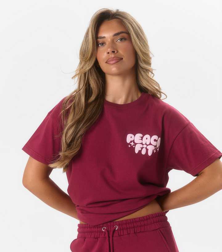 Peach:Fit Dark Burgundy Bubble Logo Relaxed Fit T-Shirt