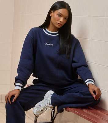 Peach Fit Navy Logo Striped Crew Neck Sweatshirt