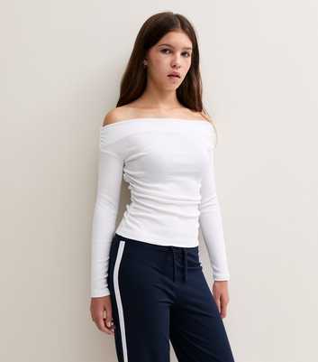 Girls White Cotton Rich Bardot Long Sleeve Top