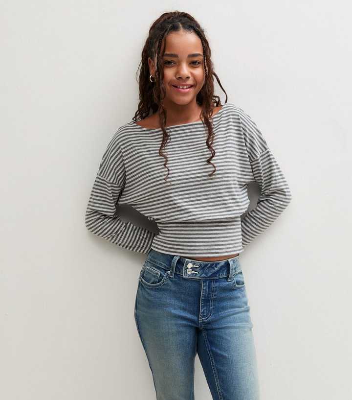 Girls Grey Striped Long Sleeve Off the Shoulder Top