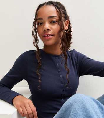 Girls Navy Cotton Rich Button Through Long Sleeve Top