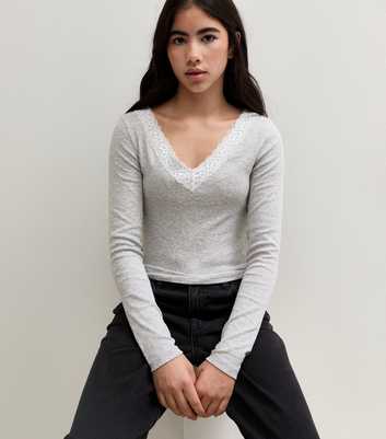 Girls Grey Lace Trim V-Neck Long Sleeve Top