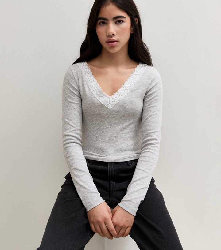Girls Grey Lace Trim V-Neck Long Sleeve Top