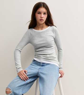 Girls Grey Cotton Rich 2 in 1 Asymmetrical Long Sleeve Tee