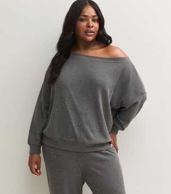 Curves Dark Grey Off the Shoulder Long Sleeve Top