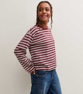 Girls Red Cotton Rich Long Sleeve Boxy Fit Striped T-shirt