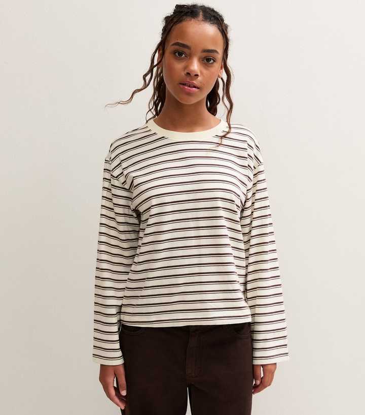 Girls White Cotton Long Sleeve Boxy Fit Striped Top