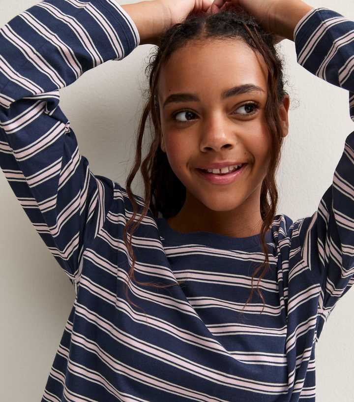 Girls Brown Cotton Long Sleeve Boxy Fit Striped Top