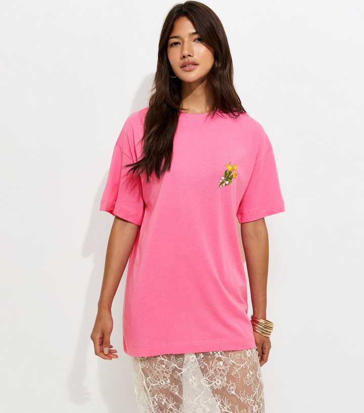 Bright Pink Cotton Tulip Print Oversized T-Shirt