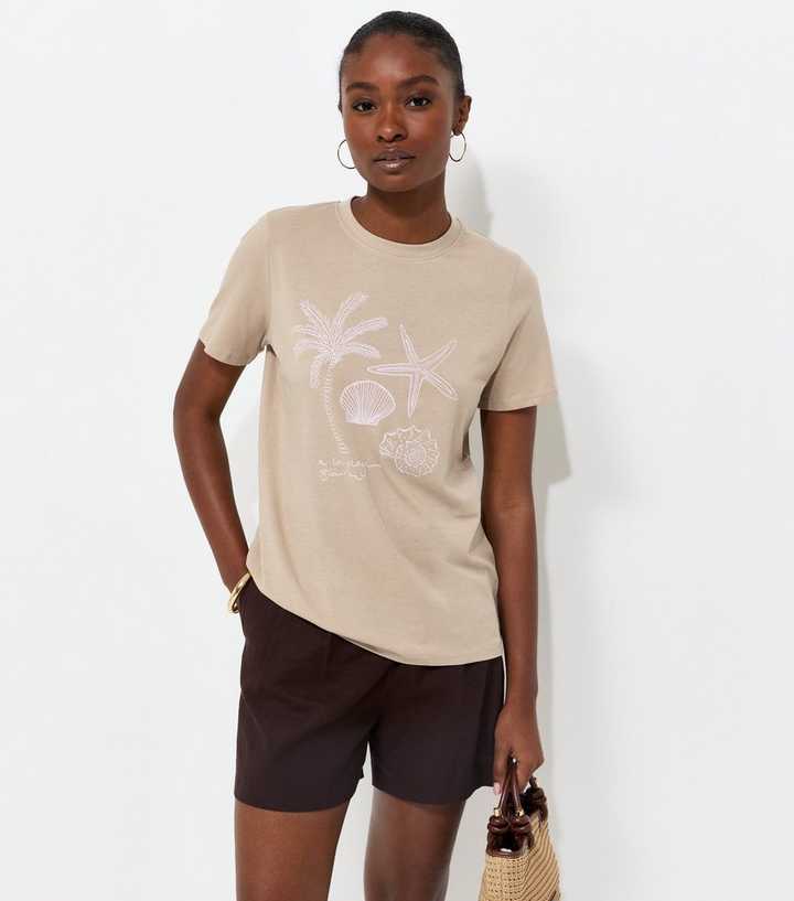 Mink Cotton Palm Shell Print Relaxed T-Shirt