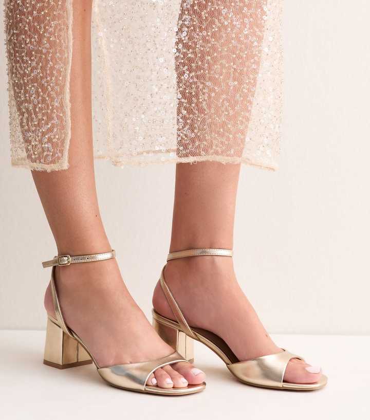 Gold Faux Leather Block Heel Sandals