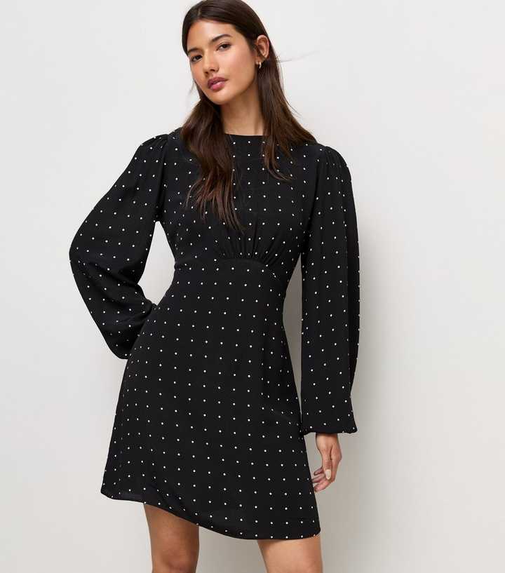 Black Polka Dot Long Sleeve Mini Dress