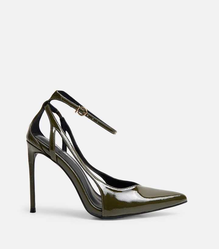 Public Desire Dark Khaki Faux Patent Leather Court Shoes