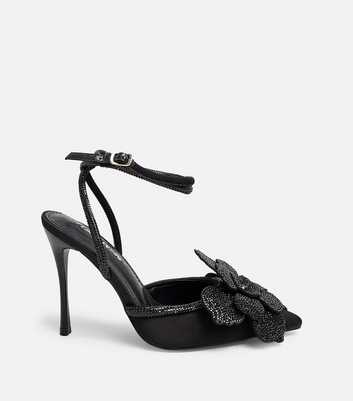 Public Desire Black Satin Floral Diamante Embellished Court Heels