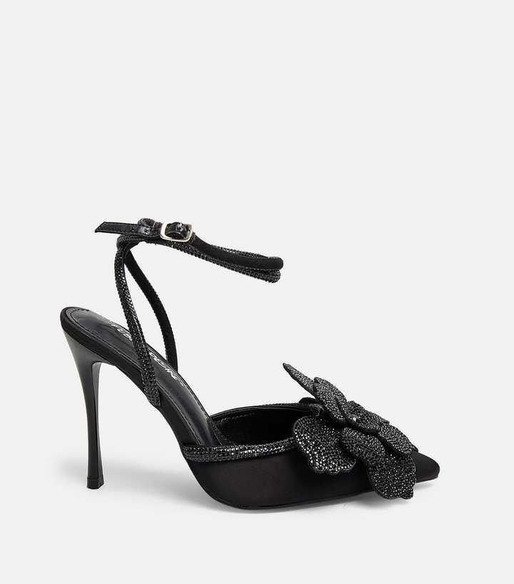 Public Desire Black Satin Floral Diamante Embellished Court Heels